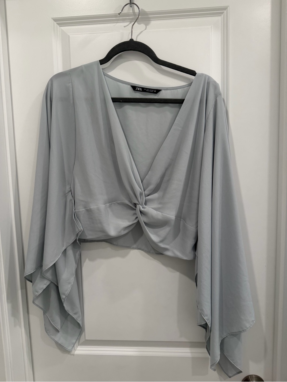 Zara Pale Gray Twist-Front Draped Sleeve Blouse